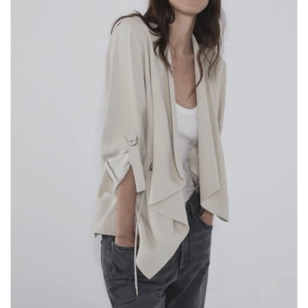 Zara Womens Beige Draped Open Front Drawstring Waist Roll Tab Jacket Size M